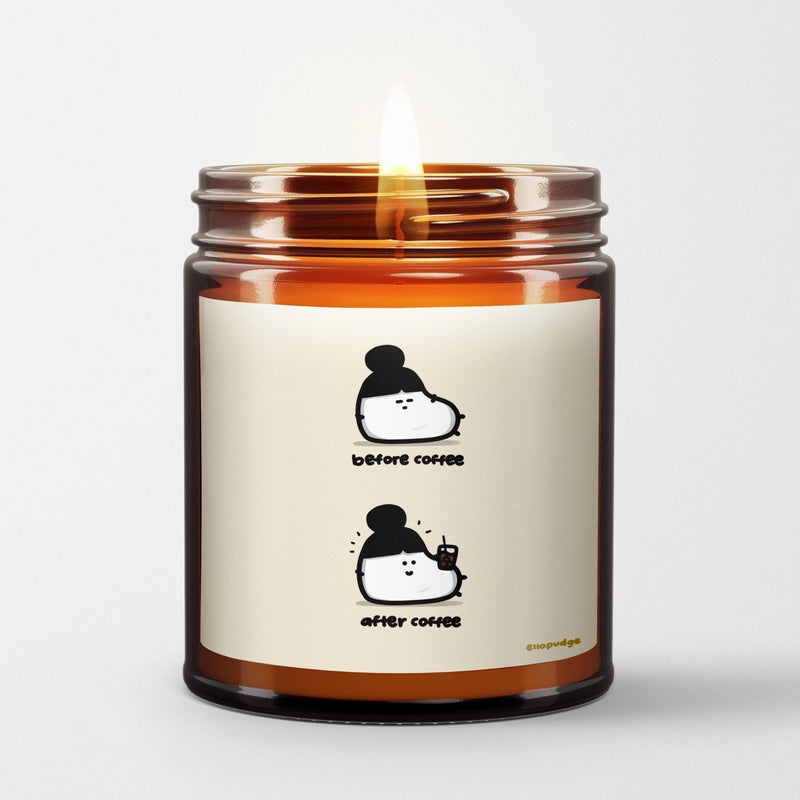Ellopudge Scented Candle in Amber Glass Jar: Before Coffee After Coffee - Candlefy