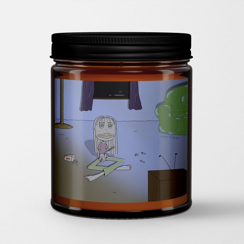 Janky Dood Scented Candle in Amber Glass Jar: 4am Greasy TV Food - Candlefy