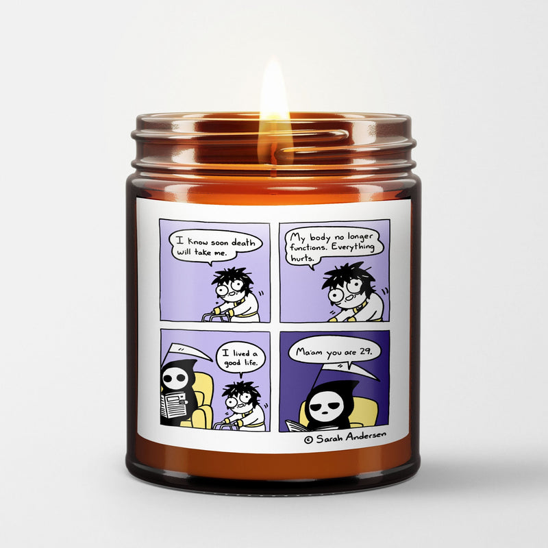 Sarah's Scribbles Scented Candle in Amber Glass Jar | Old Age | Sarah Andersen
