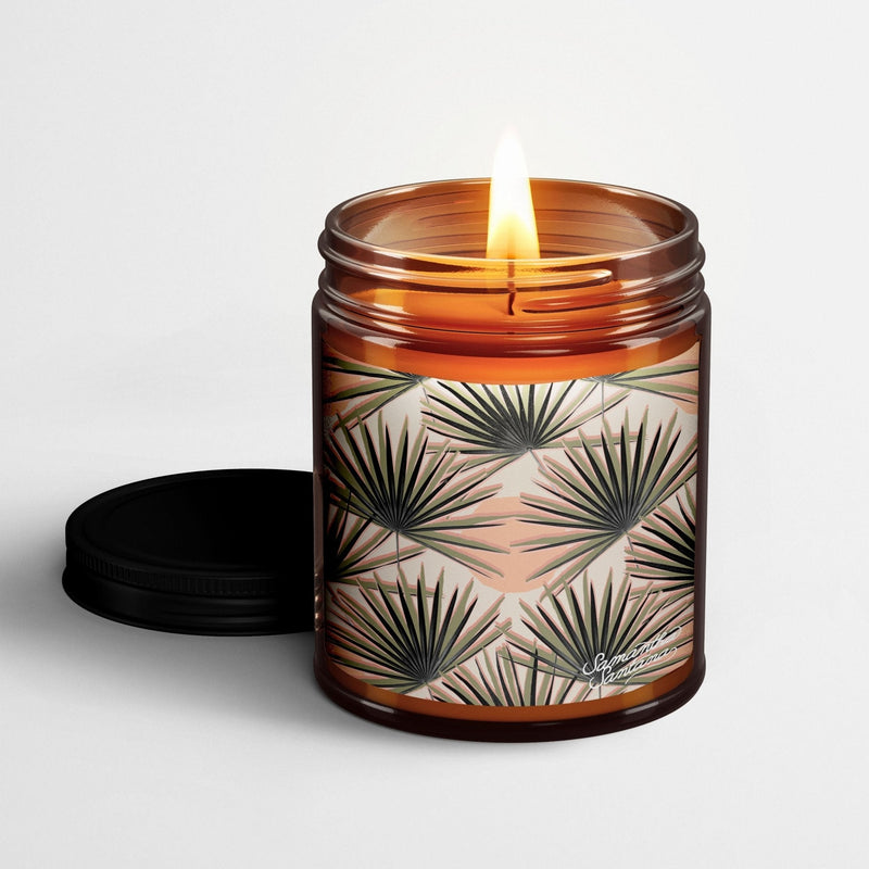 Samantha Santana Scented Candle in Amber Glass Jar: Palm Deco - Candlefy